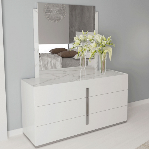 Carrara Double Dresser & Mirror in High Gloss White, Grey & Silver