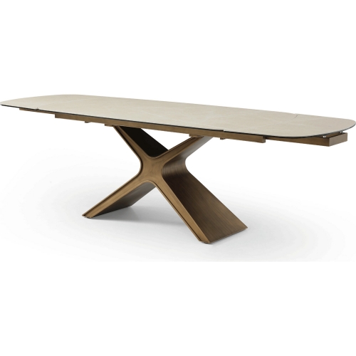 9368 71" Extension Dining Table in Glass, Beige Taupe Marble Look Ceramic, & Bronze