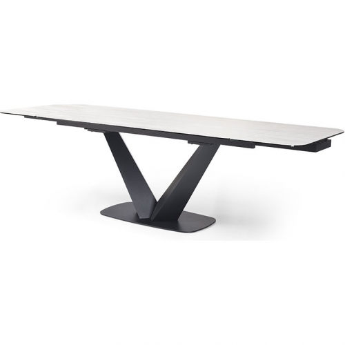 9189 63" Extension Dining Table in Glass, Marble Look Ceramic, & Black Metal