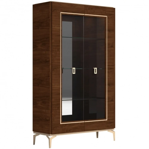Eva 2 Door China Cabinet w/ Light in Walnut Brown Finish & Gold