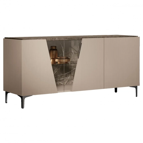 Fidia 3 Door Buffet in Light Beige & Black Marble Look