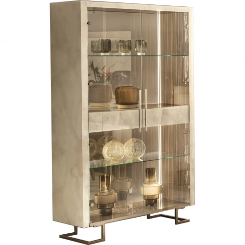Luce 2 Door China Cabinet w/Drawer in Gloss Beige, Glass & Metal