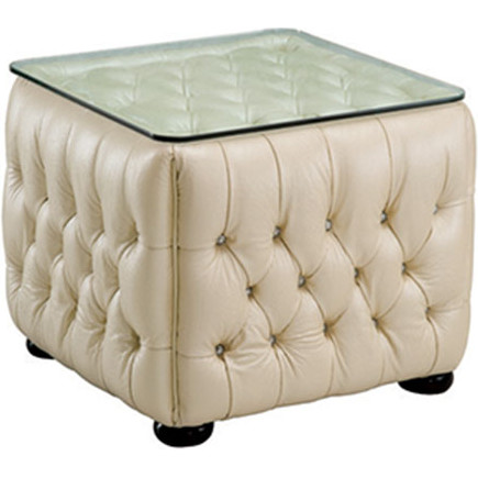 258 End Table in Rhinestone Tufted Ivory Leather w/ Glass Top