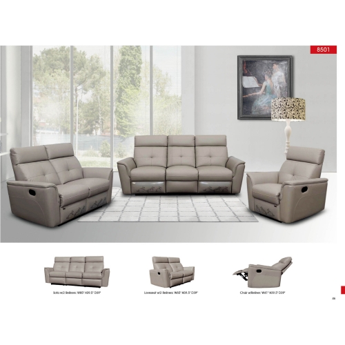 8501 Manual Loveseat w/ 2 Recliners in Light Grey Italian Leather