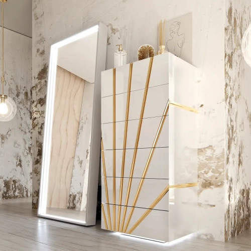 Oro Standing Mirror w/ Light in Matte White, High Gloss White & Gold