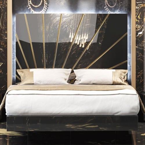 Oro King Bed in High Gloss Black & Gold w/ LED Light