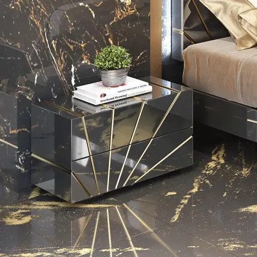 Oro 2 Drawer Nightstand in Matte Black, High Gloss Black & Gold (Set of 2)