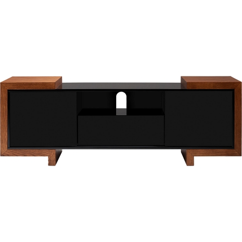 75" TV Stand Contemporary Media Cabinet in High Gloss Black Lacquer & Oak