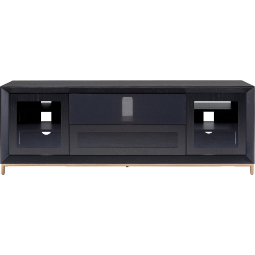 78" Contemporary TV Stand in Ebony Oak, Gold Steel & Tempered Glass