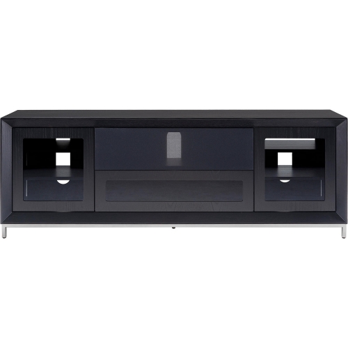 78" Contemporary TV Stand in Ebony Oak, Silver Steel & Tempered Glass