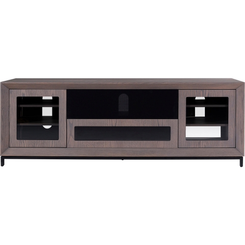 78" Contemporary TV Stand in Coastal Grey Oak, Black Steel & Tempered Glass