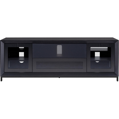 78" Contemporary TV Stand in Ebony Oak, Black Steel & Tempered Glass