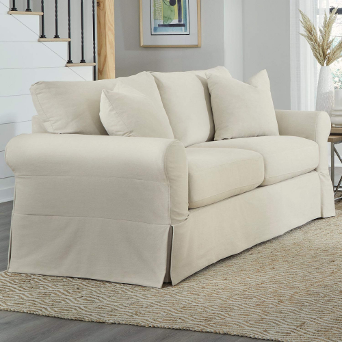 Rolled Arm Loveseat in Sutton Sand Fabric Slip Cover