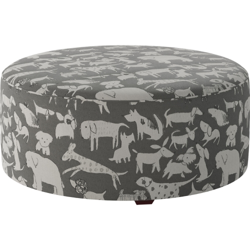 39" Round Cocktail Ottoman in Doggier Graphite Gray Print Fabric