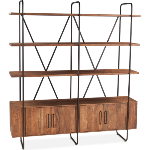 Halden Wide Bookcase in Pecan Brown Mango Wood & Black Iron