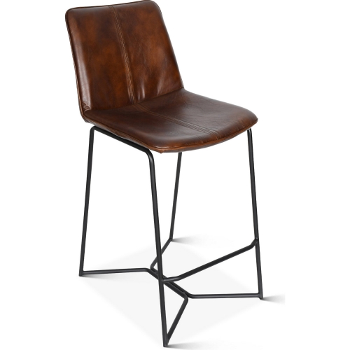 Brisben Counter Stool in Hand Washed Chestnut Brown Leather & Black Iron (Set of 2)