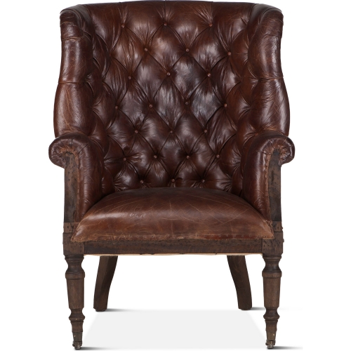 Charles Deconstructed Accent Arm Chair in Vintage Cigar Leather, Wood & Burlap