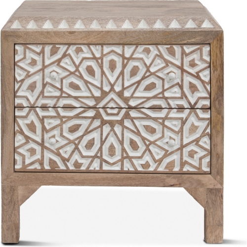 Haveli Nightstand in Geometric Hand Carved Natural Finish Mango Wood