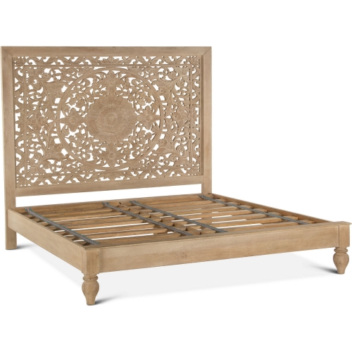 Haveli Queen Bed in Geometric Hand Carved White Wash Finish Mango Wood