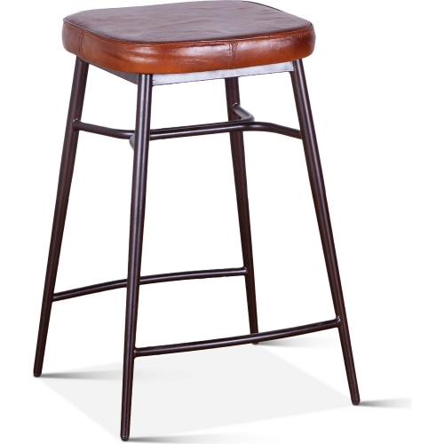 Hudson Backless Counter Stool in Vintage Tan Leather & Iron