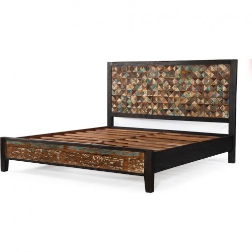 Messina Queen Bed in Multicolor Carved Teak & Mango Wood