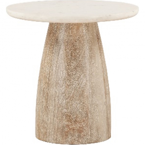 Palm Desert Round Side Table in White Marble & White Washed Wood