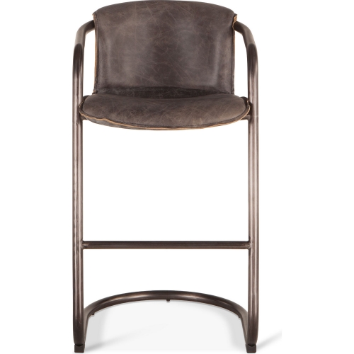 Chiavari Bar Stool in Distressed Antique Ebony Leather & Brushed Metal (Set of 2)