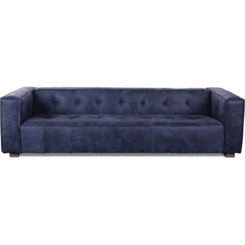 Portia Sofa in Tufted Antique Blue Italian Leather & Washed Wood