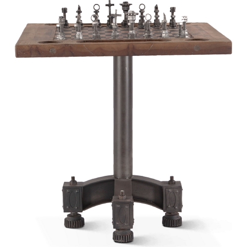 Rustic Revival Chess Game Table in Reclaimed Teak & Iron