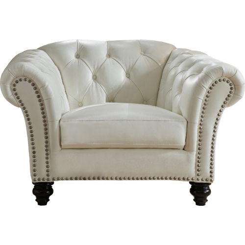 Mona Arm Chair in Tufted Ivory White Top Grain Leather w/ Nailhead Trim