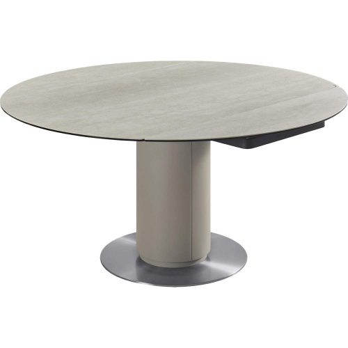 130 31" Round to Oval Extension Dining Table in Taupe Ceramic, Beige & Steel