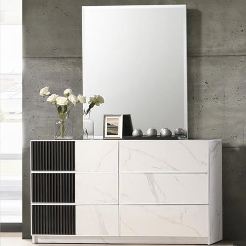 Bianca Dresser & Mirror in White & Grey Marble Look & Black