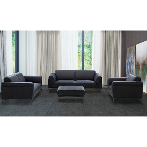 Knight 4 Piece Sofa Set in Black Leather & Gunpowder Black Legs