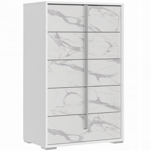 Sonia Chest in High Gloss White & Grey Marble Lacquer Finish & Chrome