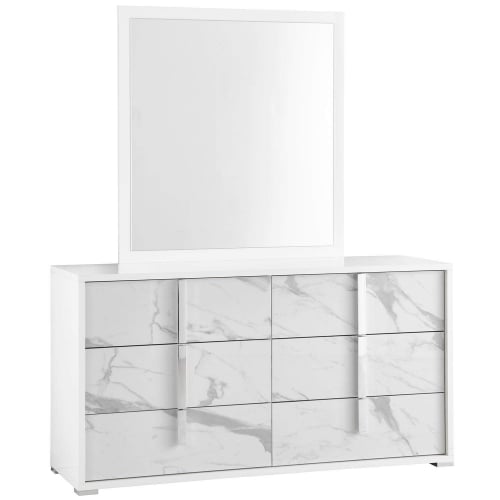 Sonia Dresser & Mirror Set in High Gloss White & Grey Marble Lacquer & Chrome