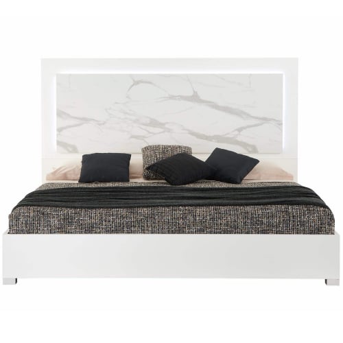 Sonia Queen Bed in High Gloss White & Grey Marble Lacquer & LED