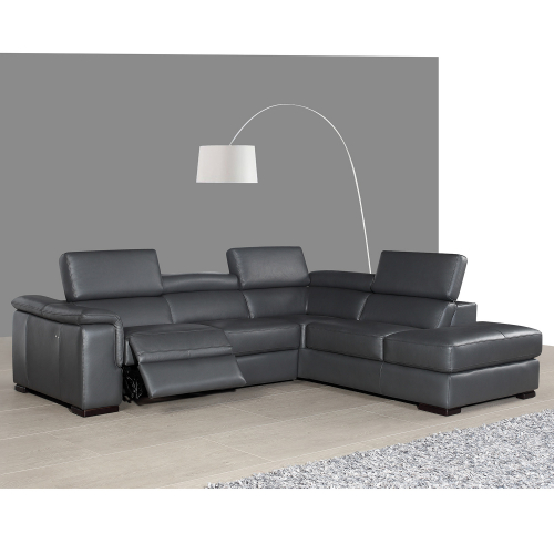 Agata Right Facing Chaise Italian Leather Sectional w/ Power Recliner in Slate Grey