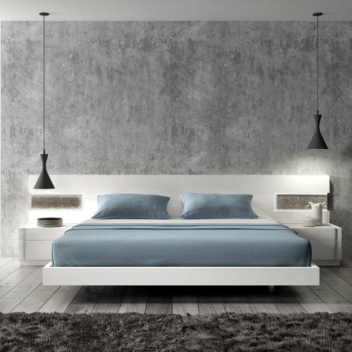 Amora Queen Bed in White Lacquer with Stone Veneer