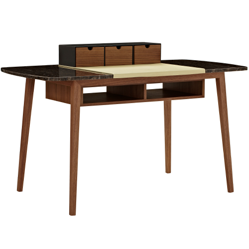 Dana Modern Desk in Brown Marble, Leather, & Walnut Veneer