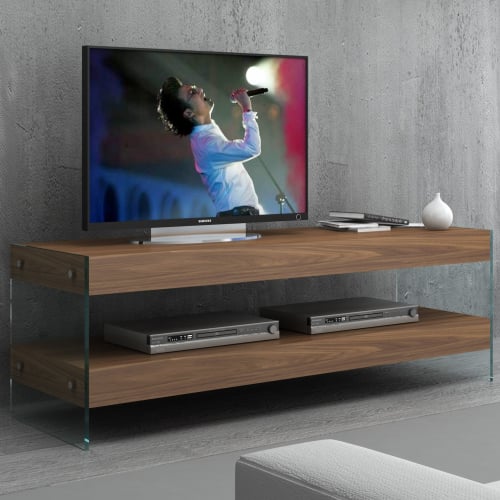 Elm 59" TV Stand in Matte Walnut Finish & Tempered Glass