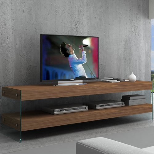 Elm 72" TV Stand in Matte Walnut Finish & Tempered Glass