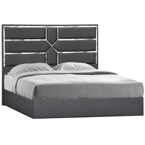 Da Vinci Queen Bed in Charcoal Grey Fabric & Mirrored Metal