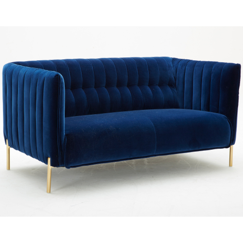 Deco Loveseat in Channel Tufted Blue Velour Fabric on Gold Legs