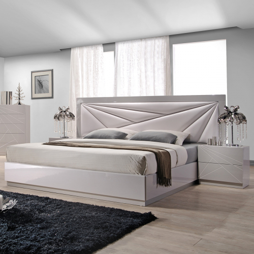 Florence Queen Bed in White & Grey Lacquer with Leatherette Headboard