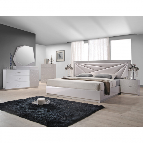 Florence 6 Piece Queen Bedroom Set in White & Grey Lacquer w/ Leatherette Headboard