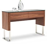 Julian Console Table in Walnut Veneer, Black Glass & Chrome