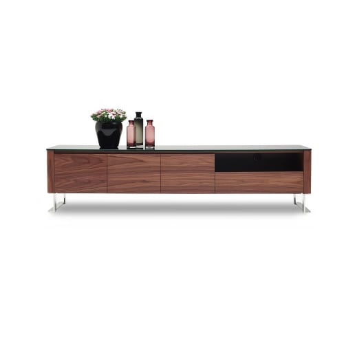 Julian 78" Modern TV Stand in Walnut w/ Black Gloss Top on Stainless Legs