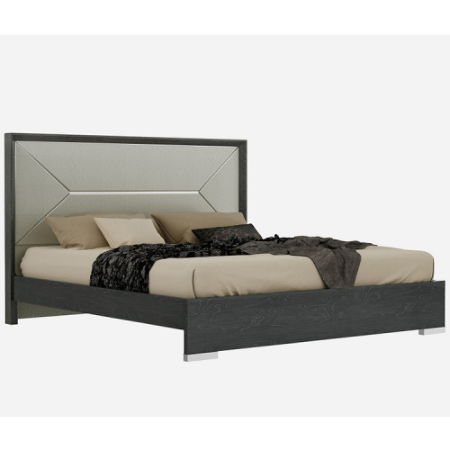 Monte Leone Queen Bed in Grey Lacquer w/ Upholstered Headboard