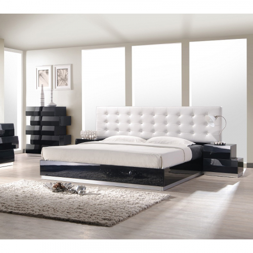 Milan Queen Bed in Black Lacquer with White Leatherette Headboard