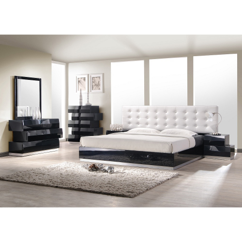 Milan Queen Bedroom Set in Black Lacquer w/ White Leatherette Headboard